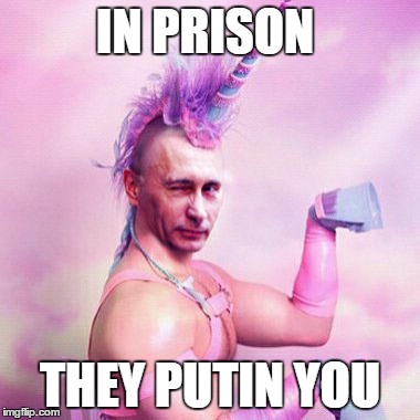 Putin Prison  | IN PRISON; THEY PUTIN YOU | image tagged in putin,unicorn man,prison | made w/ Imgflip meme maker