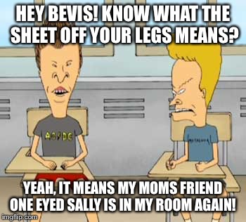 HEY BEVIS! KNOW WHAT THE SHEET OFF YOUR LEGS MEANS? YEAH, IT MEANS MY MOMS FRIEND ONE EYED SALLY IS IN MY ROOM AGAIN! | made w/ Imgflip meme maker