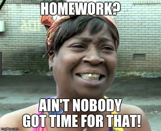 Non | HOMEWORK? AIN'T NOBODY GOT TIME FOR THAT! | image tagged in homework | made w/ Imgflip meme maker