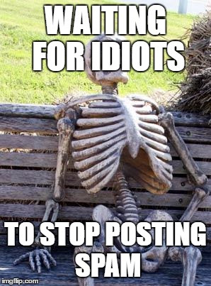 Waiting Skeleton Meme | WAITING FOR IDIOTS TO STOP POSTING SPAM | image tagged in memes,waiting skeleton | made w/ Imgflip meme maker