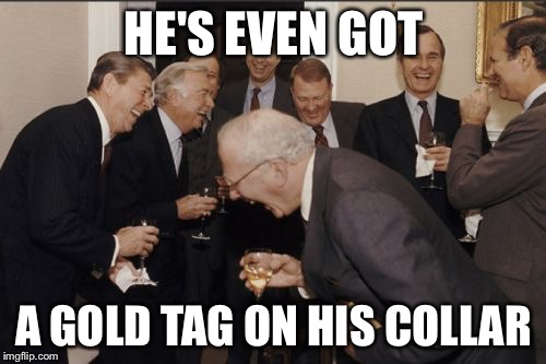 Laughing Men In Suits Meme | HE'S EVEN GOT A GOLD TAG ON HIS COLLAR | image tagged in memes,laughing men in suits | made w/ Imgflip meme maker