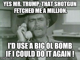 I Reck'n.... | YES MR. TRUMP, THAT SHOTGUN FETCHED ME A MILLION. I'D USE A BIG OL BOMB IF I COULD DO IT AGAIN ! | image tagged in i reck'n | made w/ Imgflip meme maker