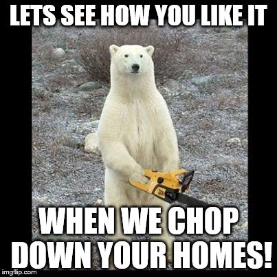 Chainsaw Bear | LETS SEE HOW YOU LIKE IT; WHEN WE CHOP DOWN YOUR HOMES! | image tagged in memes,chainsaw bear | made w/ Imgflip meme maker