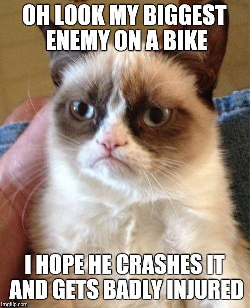 Grumpy Cat Meme | OH LOOK MY BIGGEST ENEMY ON A BIKE; I HOPE HE CRASHES IT AND GETS BADLY INJURED | image tagged in memes,grumpy cat | made w/ Imgflip meme maker