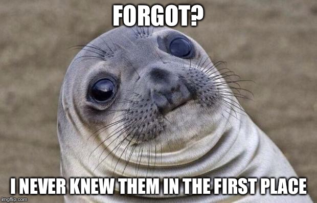 Awkward Moment Sealion Meme | FORGOT? I NEVER KNEW THEM IN THE FIRST PLACE | image tagged in memes,awkward moment sealion | made w/ Imgflip meme maker