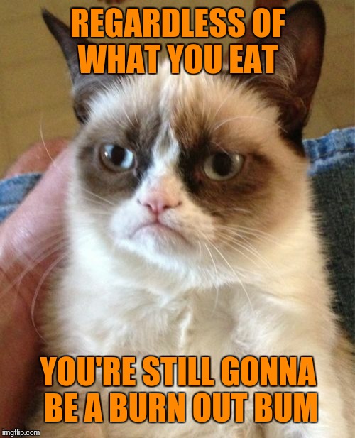 Grumpy Cat Meme | REGARDLESS OF WHAT YOU EAT YOU'RE STILL GONNA BE A BURN OUT BUM | image tagged in memes,grumpy cat | made w/ Imgflip meme maker