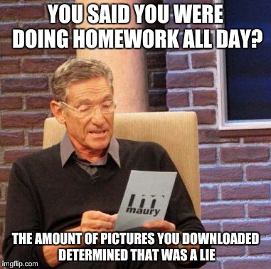 Maury Lie Detector | YOU SAID YOU WERE DOING HOMEWORK ALL DAY? THE AMOUNT OF PICTURES YOU DOWNLOADED DETERMINED THAT WAS A LIE | image tagged in memes,maury lie detector | made w/ Imgflip meme maker