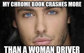 handsome face | MY CHROME BOOK CRASHES MORE; THAN A WOMAN DRIVER | image tagged in handsome face | made w/ Imgflip meme maker
