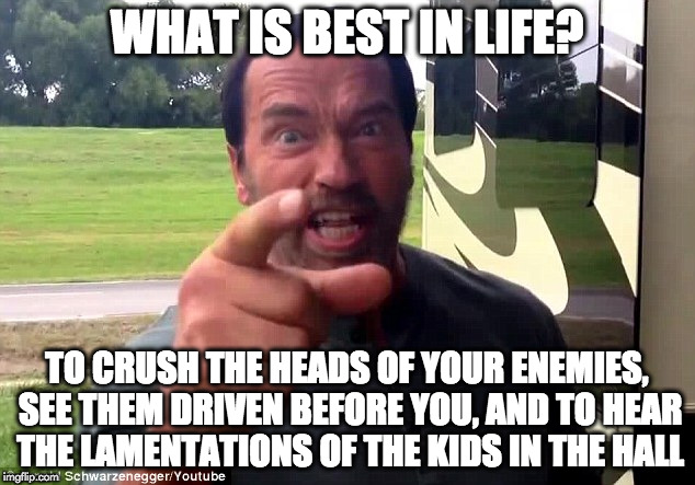 To crush the heads of your enemies, see them driven before you and to hear the lamentations of the Kids in the Hall | WHAT IS BEST IN LIFE? TO CRUSH THE HEADS OF YOUR ENEMIES, SEE THEM DRIVEN BEFORE YOU, AND TO HEAR THE LAMENTATIONS OF THE KIDS IN THE HALL | image tagged in arnold schwartzenegger crushes your head,kids in the hall,arnie,arnold schwarzenegger,crushing your head | made w/ Imgflip meme maker
