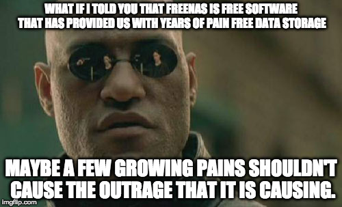 Matrix Morpheus Meme | WHAT IF I TOLD YOU THAT FREENAS IS FREE SOFTWARE THAT HAS PROVIDED US WITH YEARS OF PAIN FREE DATA STORAGE; MAYBE A FEW GROWING PAINS SHOULDN'T CAUSE THE OUTRAGE THAT IT IS CAUSING. | image tagged in memes,matrix morpheus | made w/ Imgflip meme maker