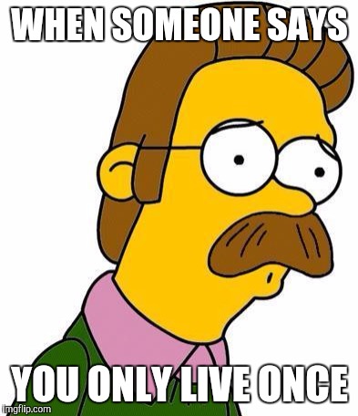 Ned Flanders | WHEN SOMEONE SAYS; YOU ONLY LIVE ONCE | image tagged in ned flanders,creationism,christian,religion,bible | made w/ Imgflip meme maker