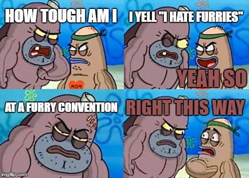 How Tough Are You Meme | I YELL "I HATE FURRIES"; HOW TOUGH AM I; YEAH SO; AT A FURRY CONVENTION; RIGHT THIS WAY | image tagged in memes,how tough are you | made w/ Imgflip meme maker