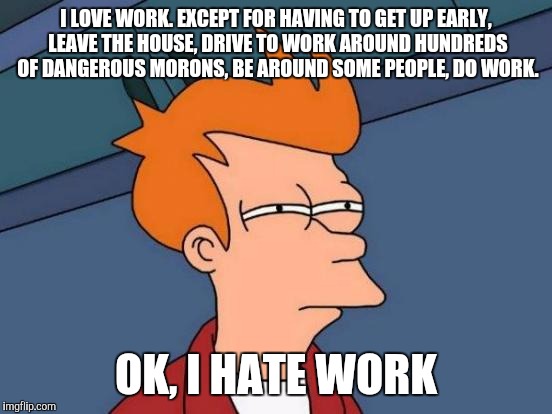 Futurama Fry | I LOVE WORK. EXCEPT FOR HAVING TO GET UP EARLY, LEAVE THE HOUSE, DRIVE TO WORK AROUND HUNDREDS OF DANGEROUS MORONS, BE AROUND SOME PEOPLE, DO WORK. OK, I HATE WORK | image tagged in memes,futurama fry | made w/ Imgflip meme maker