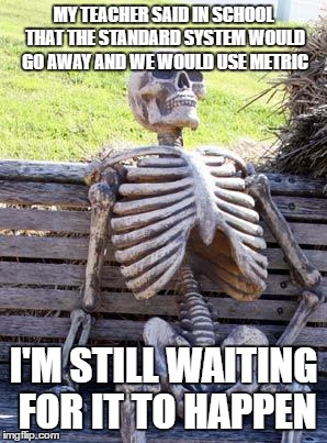 Waiting Skeleton | MY TEACHER SAID IN SCHOOL THAT THE STANDARD SYSTEM WOULD GO AWAY AND WE WOULD USE METRIC; I'M STILL WAITING FOR IT TO HAPPEN | image tagged in memes,waiting skeleton | made w/ Imgflip meme maker
