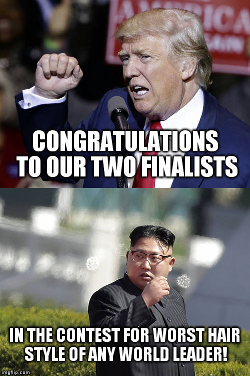 It's a close contest! | CONGRATULATIONS TO OUR TWO FINALISTS; IN THE CONTEST FOR WORST HAIR STYLE OF ANY WORLD LEADER! | image tagged in trump,kim jong un,humor,humour,politics,hair | made w/ Imgflip meme maker