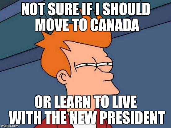 Futurama Fry | NOT SURE IF I SHOULD MOVE TO CANADA; OR LEARN TO LIVE WITH THE NEW PRESIDENT | image tagged in memes,futurama fry | made w/ Imgflip meme maker