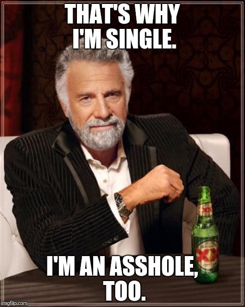 The Most Interesting Man In The World Meme | THAT'S WHY I'M SINGLE. I'M AN ASSHOLE, TOO. | image tagged in memes,the most interesting man in the world | made w/ Imgflip meme maker