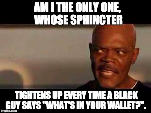 Samuel L Jackson Meme | AM I THE ONLY ONE, WHOSE SPHINCTER; TIGHTENS UP EVERY TIME A BLACK GUY SAYS "WHAT'S IN YOUR WALLET?". | image tagged in samuel l jackson meme | made w/ Imgflip meme maker