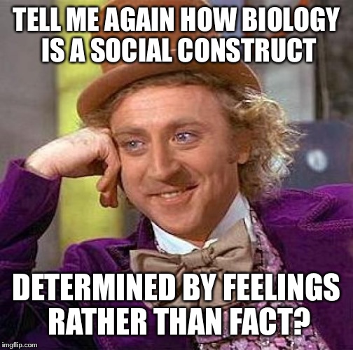 Creepy Condescending Wonka | TELL ME AGAIN HOW BIOLOGY IS A SOCIAL CONSTRUCT; DETERMINED BY FEELINGS RATHER THAN FACT? | image tagged in memes,creepy condescending wonka | made w/ Imgflip meme maker