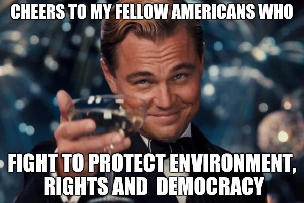 Leonardo Dicaprio Cheers | CHEERS TO MY FELLOW AMERICANS WHO; FIGHT TO PROTECT ENVIRONMENT, RIGHTS AND  DEMOCRACY | image tagged in memes,leonardo dicaprio cheers | made w/ Imgflip meme maker
