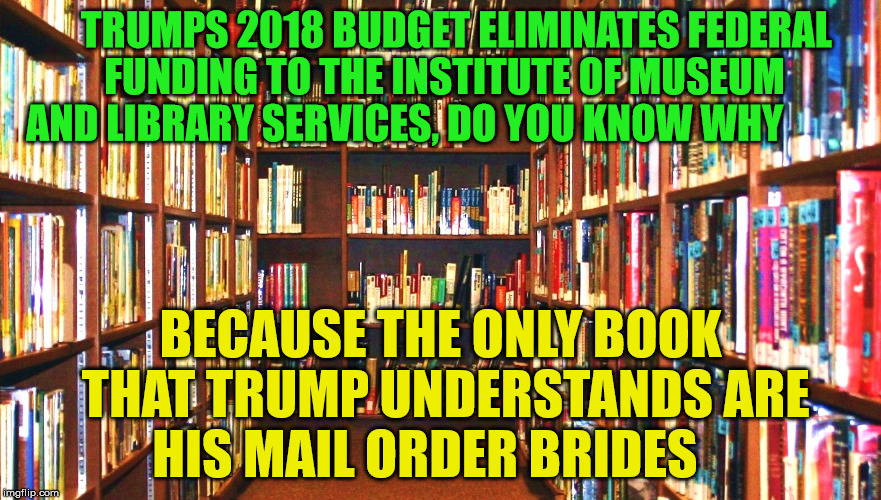 Library | TRUMPS 2018 BUDGET ELIMINATES FEDERAL FUNDING TO THE INSTITUTE OF MUSEUM AND LIBRARY SERVICES, DO YOU KNOW WHY; BECAUSE THE ONLY BOOK THAT TRUMP UNDERSTANDS ARE HIS MAIL ORDER BRIDES | image tagged in library | made w/ Imgflip meme maker