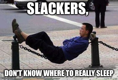 Sleeping in wrong places | SLACKERS, DON'T KNOW WHERE TO REALLY SLEEP | image tagged in sleeping in wrong places | made w/ Imgflip meme maker