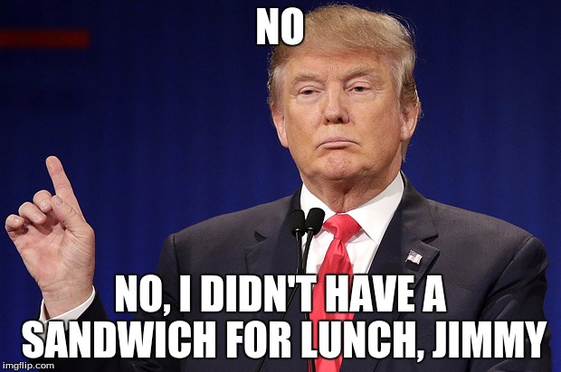 NO; NO, I DIDN'T HAVE A SANDWICH FOR LUNCH, JIMMY | image tagged in trump - u kidding me | made w/ Imgflip meme maker