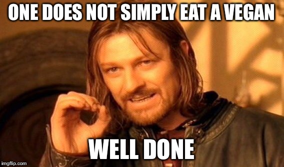 One Does Not Simply Meme | ONE DOES NOT SIMPLY EAT A VEGAN WELL DONE | image tagged in memes,one does not simply | made w/ Imgflip meme maker