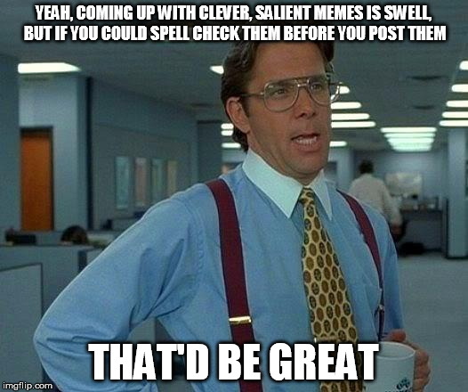 Spell Check Your Fucking Memes | YEAH, COMING UP WITH CLEVER, SALIENT MEMES IS SWELL, BUT IF YOU COULD SPELL CHECK THEM BEFORE YOU POST THEM; THAT'D BE GREAT | image tagged in memes,that would be great,spelling | made w/ Imgflip meme maker