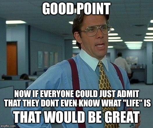 That Would Be Great Meme | GOOD POINT NOW IF EVERYONE COULD JUST ADMIT THAT THEY DONT EVEN KNOW WHAT "LIFE" IS THAT WOULD BE GREAT | image tagged in memes,that would be great | made w/ Imgflip meme maker