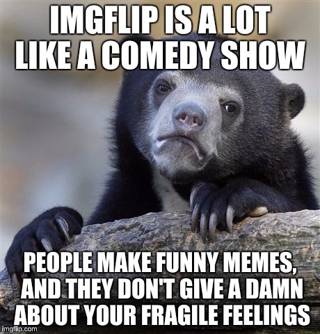 Confession Bear | IMGFLIP IS A LOT LIKE A COMEDY SHOW; PEOPLE MAKE FUNNY MEMES, AND THEY DON'T GIVE A DAMN ABOUT YOUR FRAGILE FEELINGS | image tagged in memes,confession bear | made w/ Imgflip meme maker