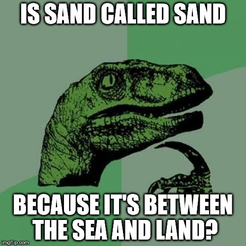 Philosoraptor Meme | IS SAND CALLED SAND; BECAUSE IT'S BETWEEN THE SEA AND LAND? | image tagged in memes,philosoraptor | made w/ Imgflip meme maker