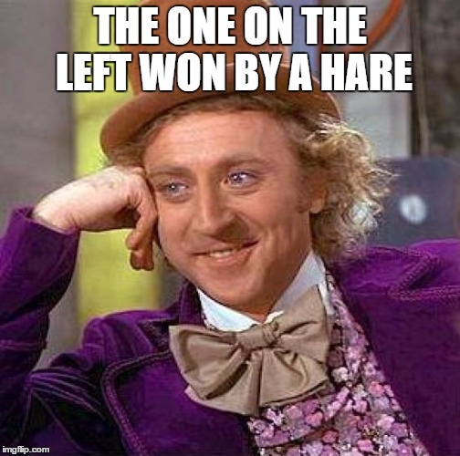 Creepy Condescending Wonka Meme | THE ONE ON THE LEFT WON BY A HARE | image tagged in memes,creepy condescending wonka | made w/ Imgflip meme maker