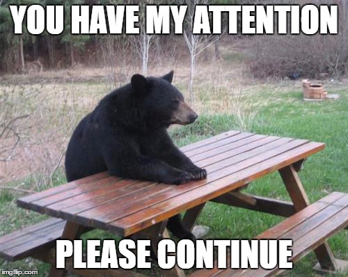 Bad Luck Bear | YOU HAVE MY ATTENTION; PLEASE CONTINUE | image tagged in memes,bad luck bear | made w/ Imgflip meme maker