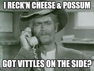 I Reck'n.... | I RECK'N CHEESE & POSSUM; GOT VITTLES ON THE SIDE? | image tagged in i reck'n | made w/ Imgflip meme maker
