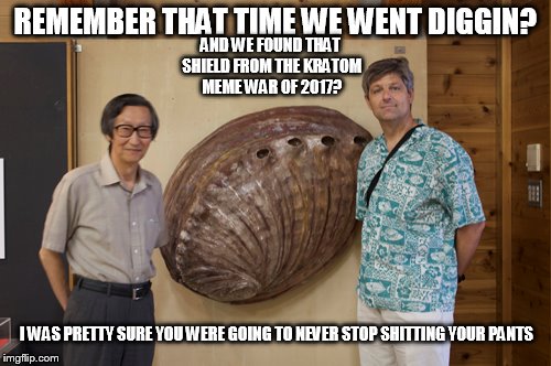 AND WE FOUND THAT SHIELD FROM THE KRATOM MEME WAR OF 2017? REMEMBER THAT TIME WE WENT DIGGIN? I WAS PRETTY SURE YOU WERE GOING TO NEVER STOP SHITTING YOUR PANTS | image tagged in funny | made w/ Imgflip meme maker