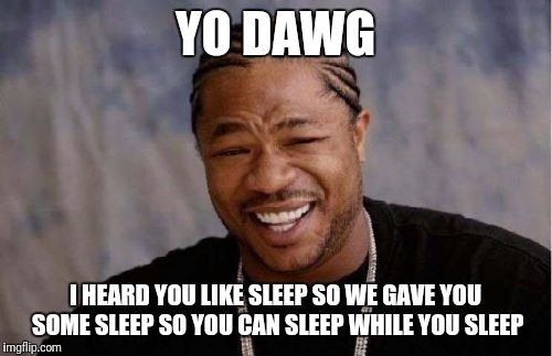 Yo Dawg Heard You Meme | YO DAWG; I HEARD YOU LIKE SLEEP SO WE GAVE YOU SOME SLEEP SO YOU CAN SLEEP WHILE YOU SLEEP | image tagged in memes,yo dawg heard you | made w/ Imgflip meme maker