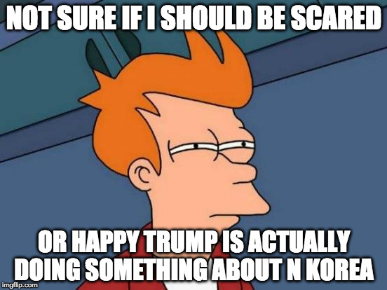 One of the most evil and brutal regimes, but a little scared of how crazy the leader is. | NOT SURE IF I SHOULD BE SCARED; OR HAPPY TRUMP IS ACTUALLY DOING SOMETHING ABOUT N KOREA | image tagged in memes,futurama fry,trump | made w/ Imgflip meme maker