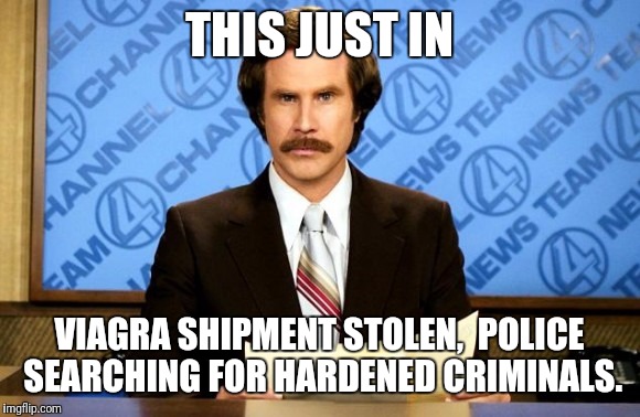  They Only Have 5 Hours To Find Them! | THIS JUST IN; VIAGRA SHIPMENT STOLEN,  POLICE SEARCHING FOR HARDENED CRIMINALS. | image tagged in this just in,funny,memes,viagra | made w/ Imgflip meme maker