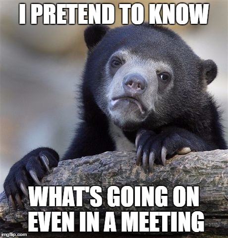 Confession Bear | I PRETEND TO KNOW; WHAT'S GOING ON EVEN IN A MEETING | image tagged in memes,confession bear | made w/ Imgflip meme maker