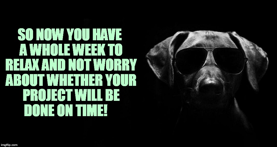 SO NOW YOU HAVE A WHOLE WEEK TO RELAX AND NOT WORRY ABOUT WHETHER YOUR PROJECT WILL BE DONE ON TIME! | made w/ Imgflip meme maker