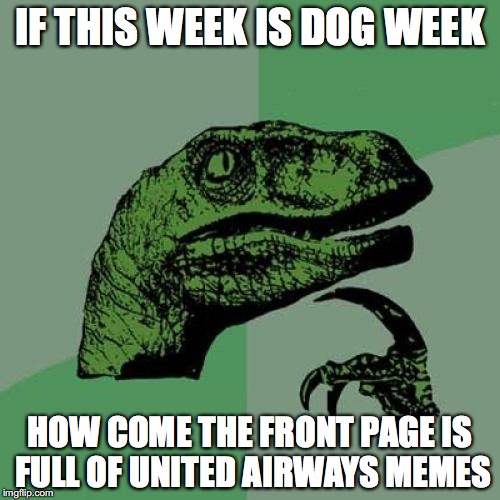 Philosoraptor Meme | IF THIS WEEK IS DOG WEEK; HOW COME THE FRONT PAGE IS FULL OF UNITED AIRWAYS MEMES | image tagged in memes,philosoraptor | made w/ Imgflip meme maker