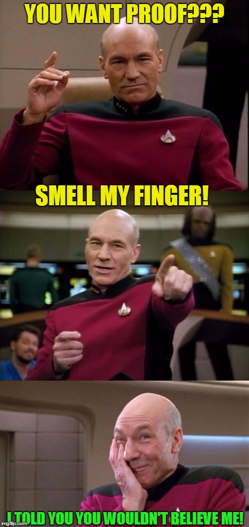 Bad Pun Picard | YOU WANT PROOF??? SMELL MY FINGER! I TOLD YOU YOU WOULDN'T BELIEVE ME! | image tagged in bad pun picard | made w/ Imgflip meme maker