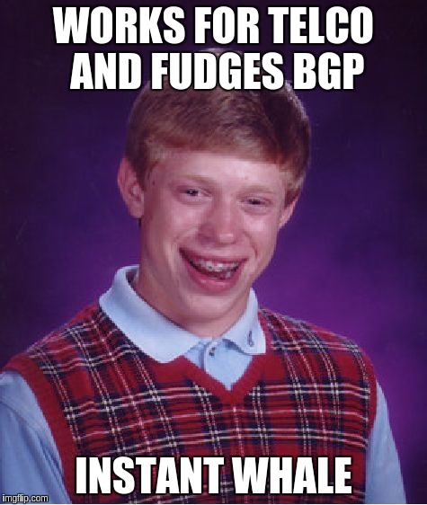 Bad Luck Brian Meme | WORKS FOR TELCO AND FUDGES BGP; INSTANT WHALE | image tagged in memes,bad luck brian | made w/ Imgflip meme maker