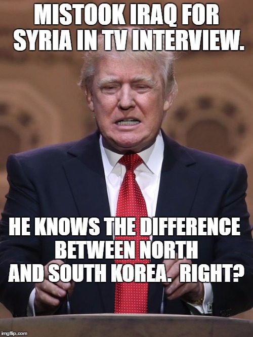 Donald Trump | MISTOOK IRAQ FOR SYRIA IN TV INTERVIEW. HE KNOWS THE DIFFERENCE BETWEEN NORTH AND SOUTH KOREA.  RIGHT? | image tagged in donald trump | made w/ Imgflip meme maker