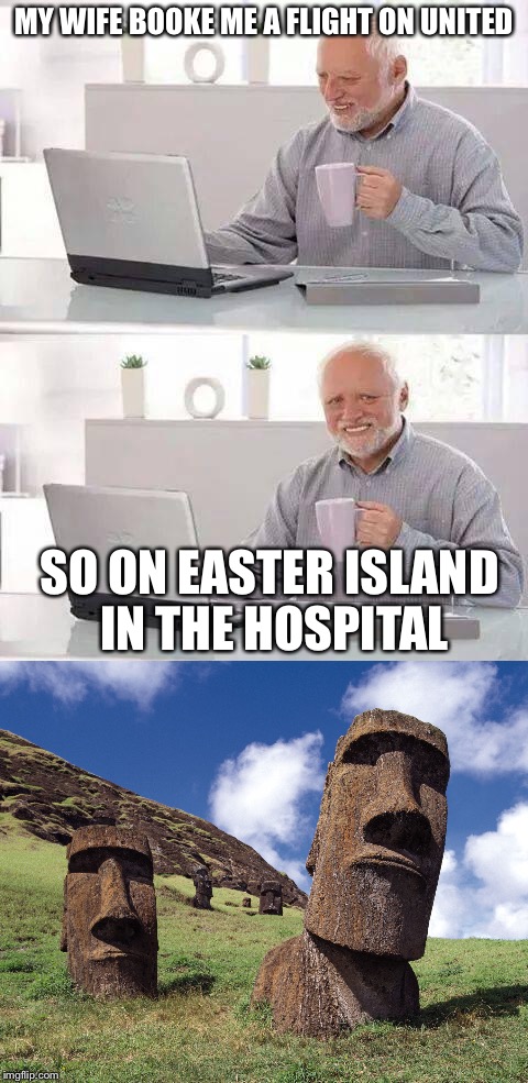 MY WIFE BOOKE ME A FLIGHT ON UNITED; SO ON EASTER ISLAND IN THE HOSPITAL | image tagged in memes,hide the pun harold,hide the pain harold,funny,happy easter,easter | made w/ Imgflip meme maker