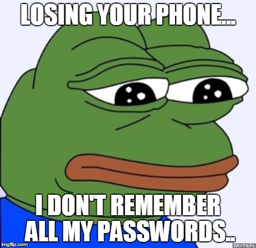 sad frog | LOSING YOUR PHONE... I DON'T REMEMBER ALL MY PASSWORDS.. | image tagged in sad frog | made w/ Imgflip meme maker