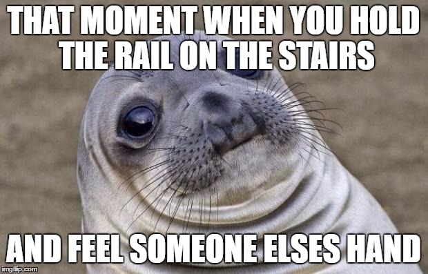 Awkward Moment Sealion | THAT MOMENT WHEN YOU HOLD THE RAIL ON THE STAIRS; AND FEEL SOMEONE ELSES HAND | image tagged in memes,awkward moment sealion | made w/ Imgflip meme maker