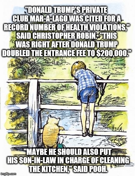 Pooh Sticks | "DONALD TRUMP'S PRIVATE CLUB MAR-A-LAGO WAS CITED FOR A RECORD NUMBER OF HEALTH VIOLATIONS," SAID CHRISTOPHER ROBIN.  "THIS WAS RIGHT AFTER DONALD TRUMP DOUBLED THE ENTRANCE FEE TO $200,000."; "MAYBE HE SHOULD ALSO PUT HIS SON-IN-LAW IN CHARGE OF CLEANING THE KITCHEN," SAID POOH. | image tagged in pooh sticks | made w/ Imgflip meme maker