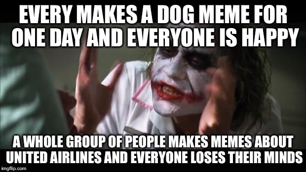Dog week vs United Airlines Week | EVERY MAKES A DOG MEME FOR ONE DAY AND EVERYONE IS HAPPY; A WHOLE GROUP OF PEOPLE MAKES MEMES ABOUT UNITED AIRLINES AND EVERYONE LOSES THEIR MINDS | image tagged in memes,and everybody loses their minds,american airlines,funny,dog week | made w/ Imgflip meme maker
